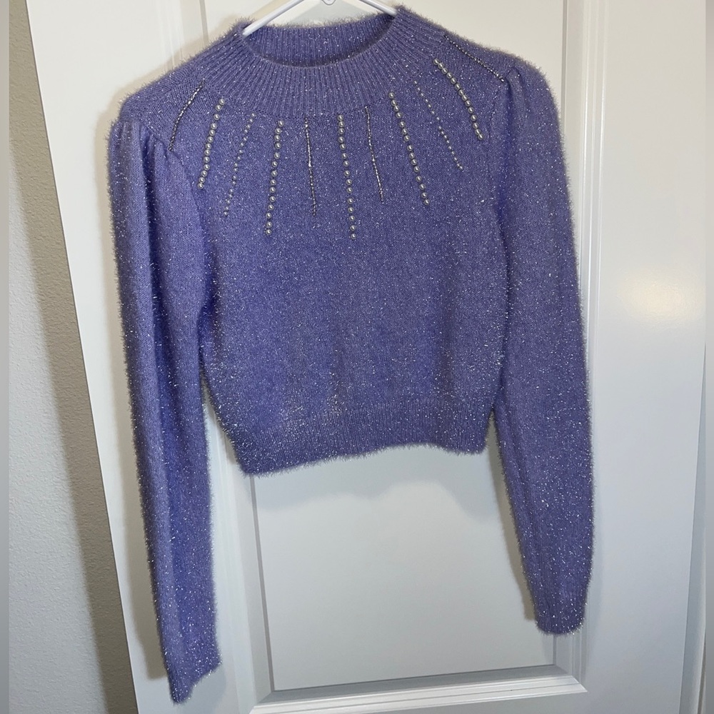 New juniors sz M sweater On 12th purple violet long sleeve pearl rhinestone crop